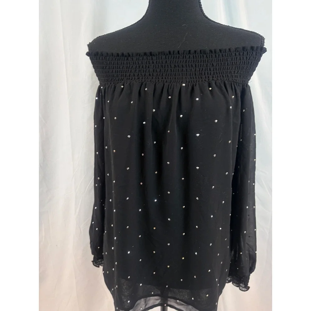 Black Off Shoulder Rhinestone Embellished Smocked Blouse Long Sleeve Size‎ Small